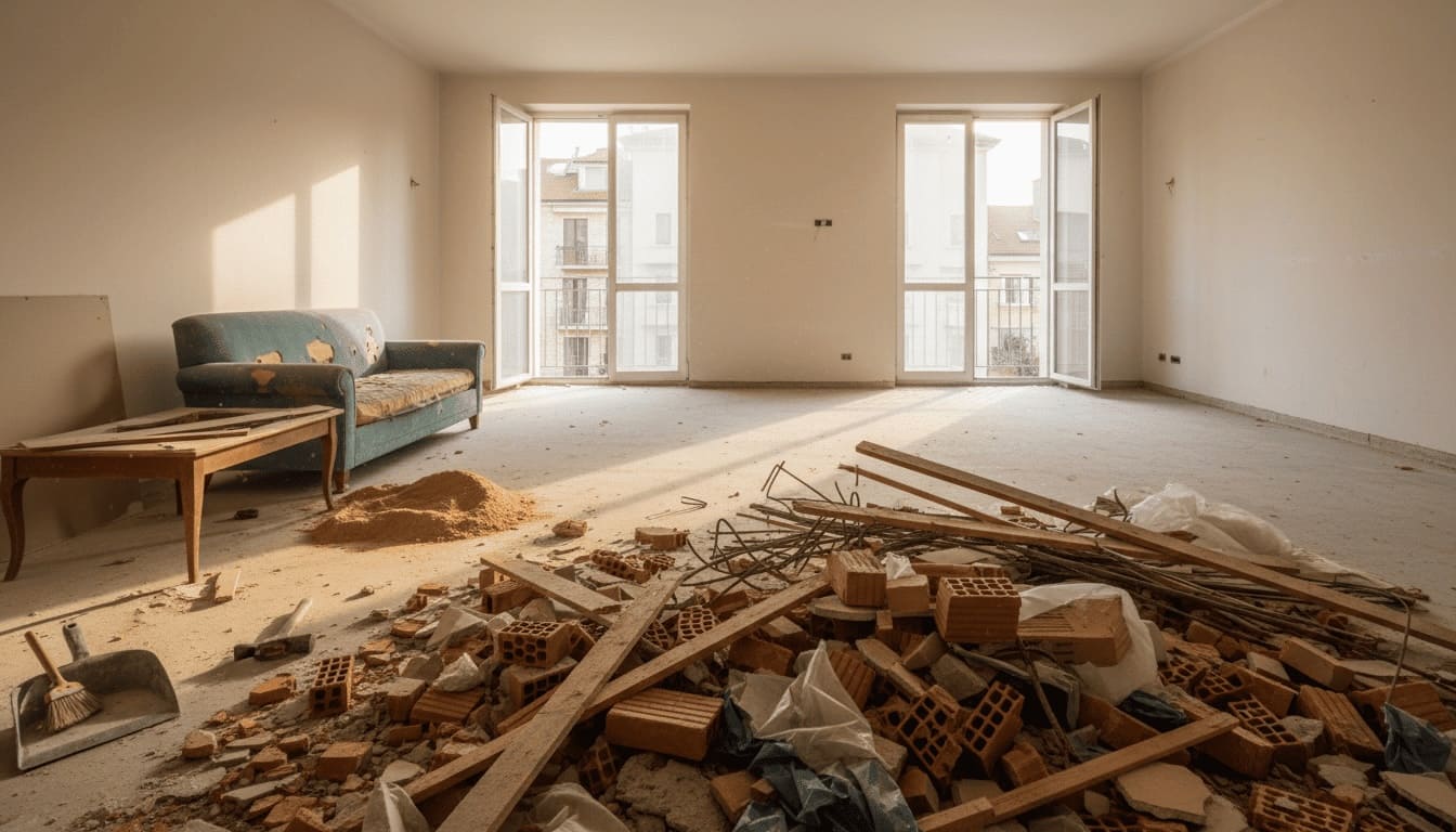 Sprzątanie po remoncie 3 Sterta gruzu, cegieł i starych mebli w remontowanym pokoju, przygotowana do wywiezienia.