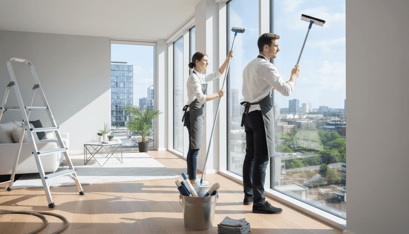Sprzątanie po remoncie 4 Dwie osoby myjące duże okna w jasnym, nowoczesnym mieszkaniu po remoncie.