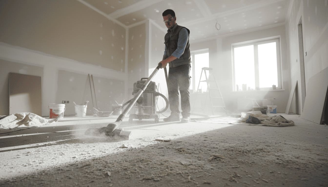 Sprzątanie po remoncie 1 Mężczyzna odkurzający pył budowlany z podłogi w pustym, remontowanym pomieszczeniu.