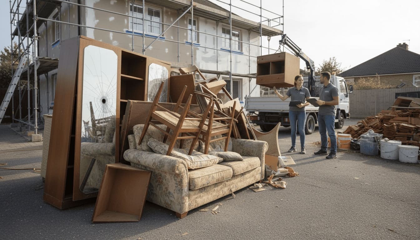 Sprzątanie po remoncie 6 Pracownicy firmy Matipat ładujący stare meble i szafy na samochód dostawczy przed remontowanym domem.